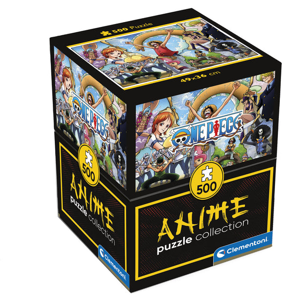 Puzzle One Piece 500 pièces CLEMENTONI avec image colorée et dimensions 49x36 cm, parfait pour les fans d'anime.