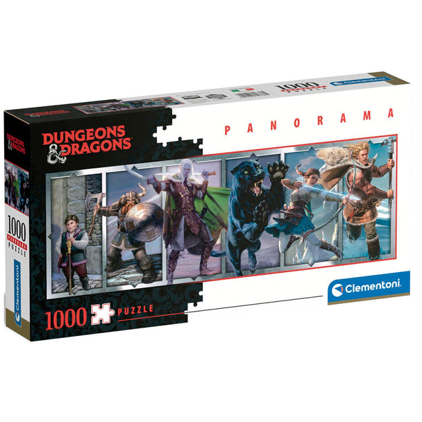 Puzzle panoramique Dungeons & Dragons 1000 pièces de CLEMENTONI affichant une scène fantastique détaillée de 98x33 cm.