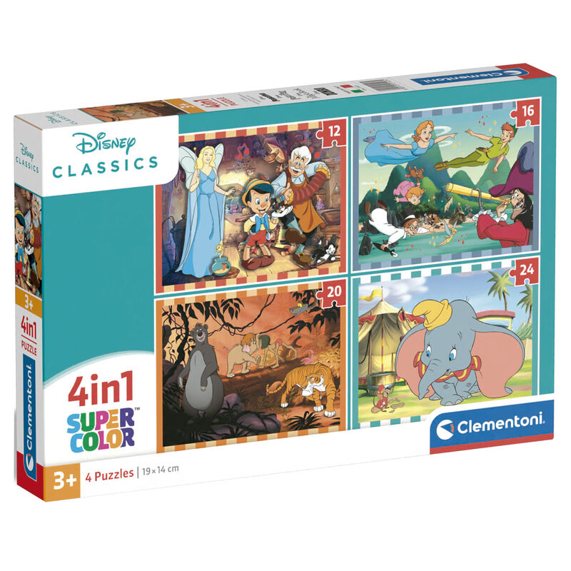 Puzzle Disney classique CLEMENTONI avec 12 pièces illustrant des personnages Disney colorés sur fond clair