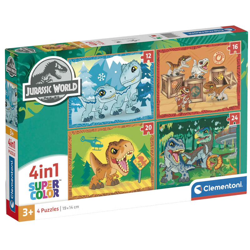 Puzzle Jurassic World CLEMENTONI avec pièces colorées et illustration de dinosaures, dimensions 18,9x14,2 cm