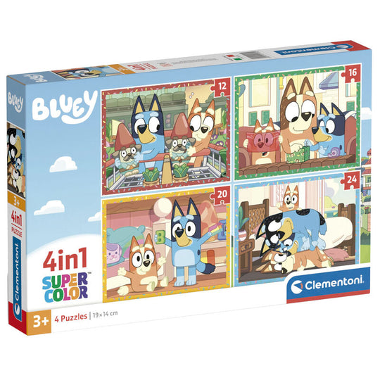 Puzzle Bluey CLEMENTONI avec 12 pièces colorées illustrant les personnages de Bluey