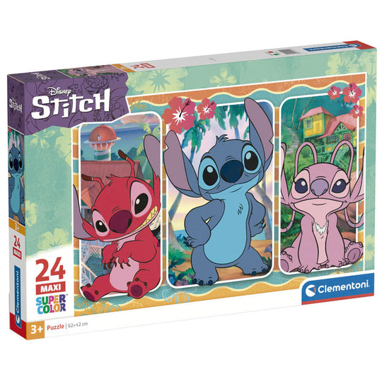 Puzzle Disney Stitch maxi 24 pièces assemblé montrant le personnage Stitch coloré sur fond bleu clair.