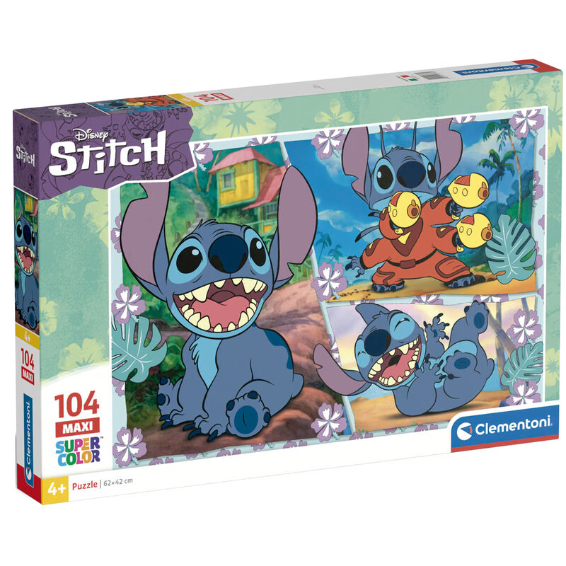 Puzzle Disney Stitch maxi 104 pièces assemblé montrant le personnage Stitch coloré sur fond bleu clair