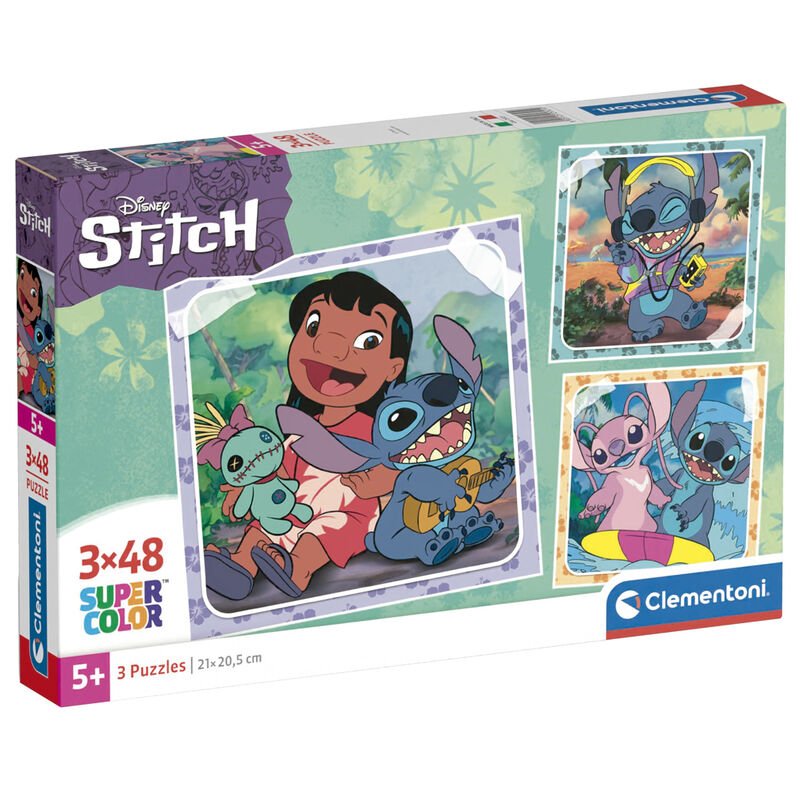Puzzle Disney Stitch 3x48 pièces par CLEMENTONI, montage partiel sur fond blanc montrant les pièces colorées
