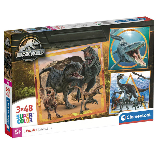 Puzzle Jurassic World CLEMENTONI assemblé montrant un dinosaure en action sur fond de jungle