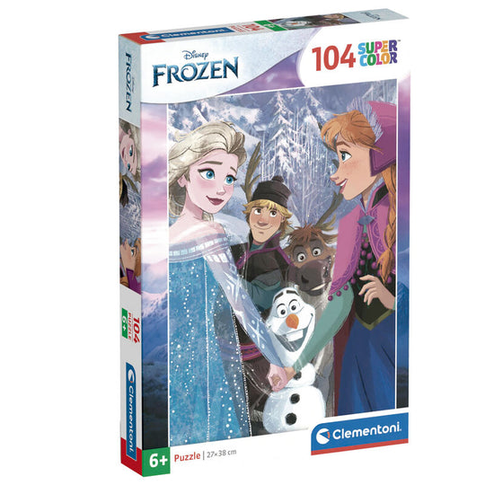 Image du puzzle Disney Frozen 104 pièces avec Elsa et Anna en scène colorée
