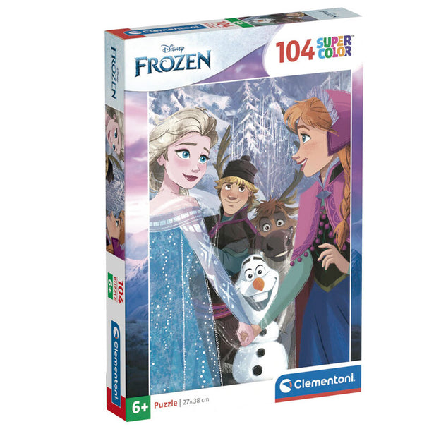 Image du puzzle Disney Frozen 104 pièces avec Elsa et Anna en scène colorée
