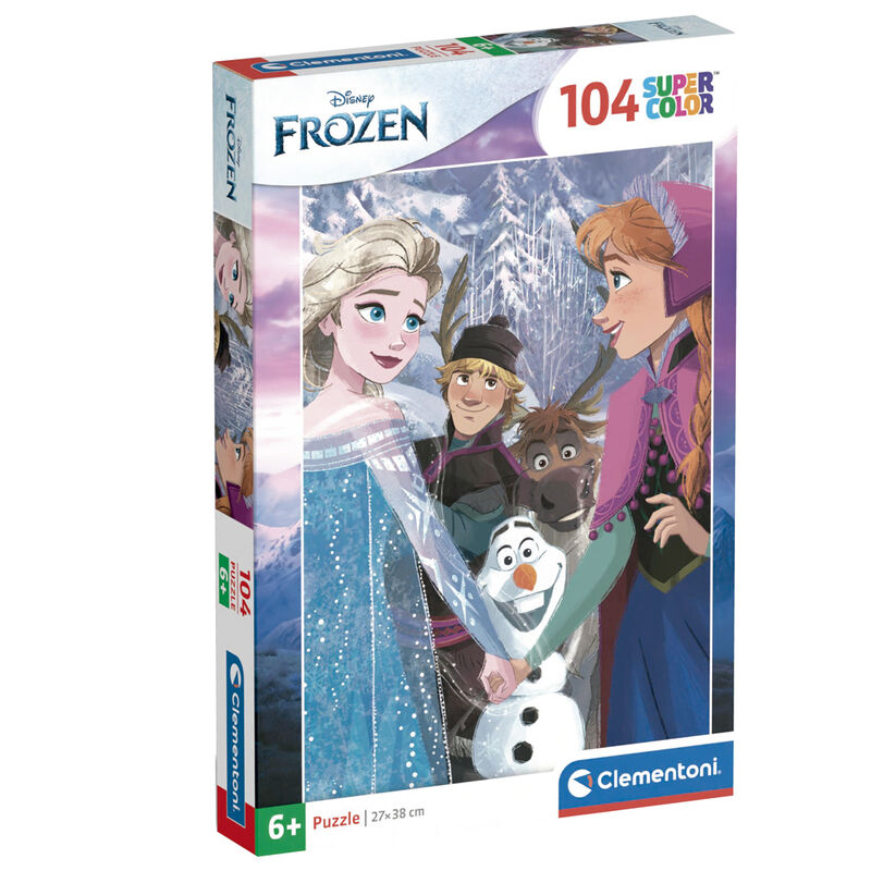 Image du puzzle Disney Frozen 104 pièces avec Elsa et Anna en scène colorée