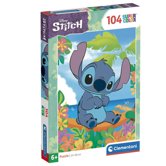 Puzzle Disney Stitch 104 pièces de Clementoni avec image colorée du personnage Stitch sur fond bleu