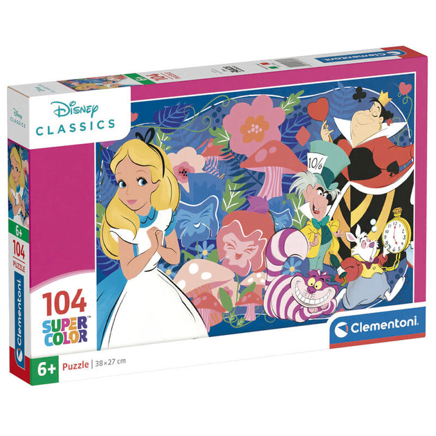 Puzzle Disney Alice au Pays des Merveilles 104 pièces avec illustration colorée de CLEMENTONI, dimensions 37,9x26,9 cm