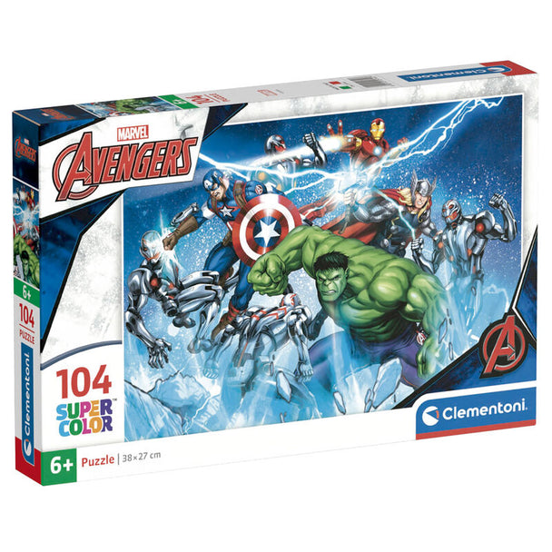 Image du puzzle Marvel Avengers 104 pièces avec les héros en action sur fond coloré
