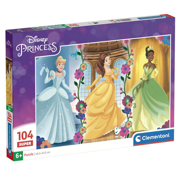 Puzzle Disney Princess de 104 pièces avec illustrations colorées des princesses, dimensions 37,9x26,9 cm