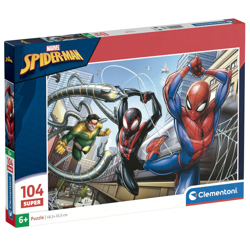 Image du puzzle Marvel Spiderman 104 pièces avec illustration colorée et dynamique du super-héros en action