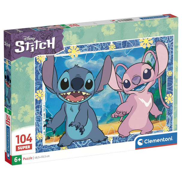 Puzzle Disney Stitch 104 pièces de CLEMENTONI avec l'image colorée du personnage Stitch sur fond bleu