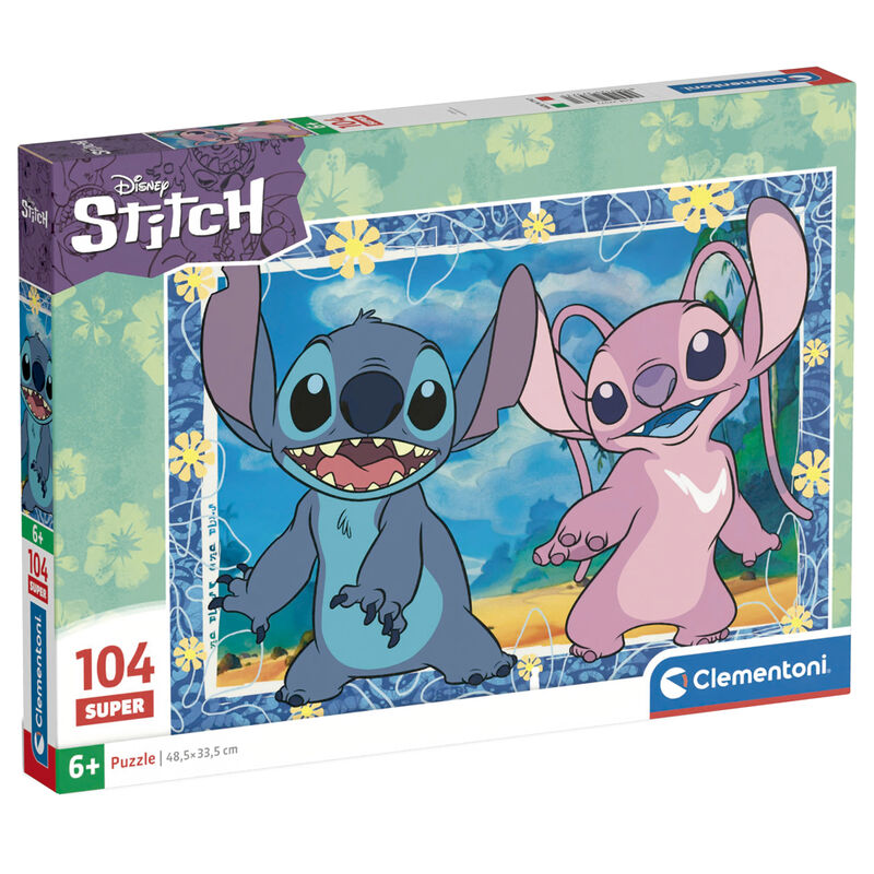 Puzzle Disney Stitch 104 pièces de CLEMENTONI avec l'image colorée du personnage Stitch sur fond bleu