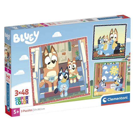 Puzzle Bluey 3x48 pièces de CLEMENTONI avec pièces colorées et thème enfantin