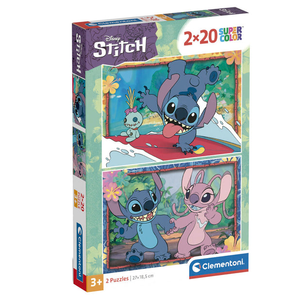 Puzzle Disney Stitch de CLEMENTONI avec 20 pièces, illustration colorée du personnage Stitch sur fond bleu