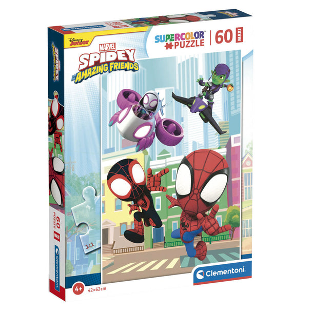Puzzle Marvel Spidey and His Amazing Friends de 60 pièces, dimensions 62x42 cm, image colorée des personnages Spidey et ses amis.
