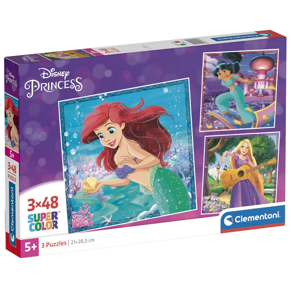 Puzzle Disney Princess CLEMENTONI assemblé montrant une scène colorée avec plusieurs princesses Disney sur fond magique.