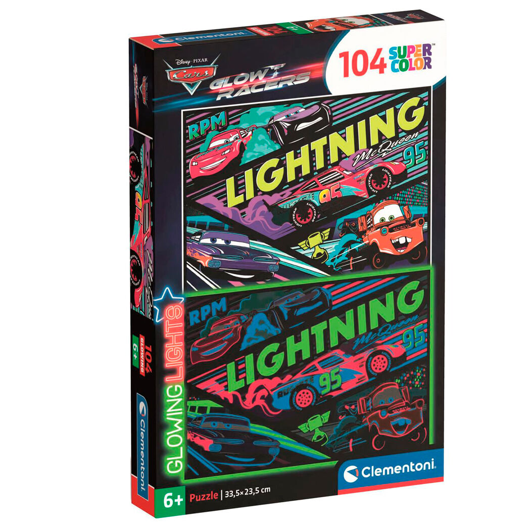 Puzzle Disney Cars 104 pièces avec effet lumineux, dimensions 37,9x26,9 cm, présenté assemblé sur fond blanc.