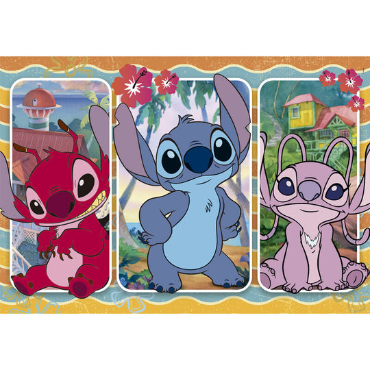 Boîte du puzzle CLEMENTONI Disney Stitch maxi 24 pièces avec illustration du personnage et dimensions 62x42cm.
