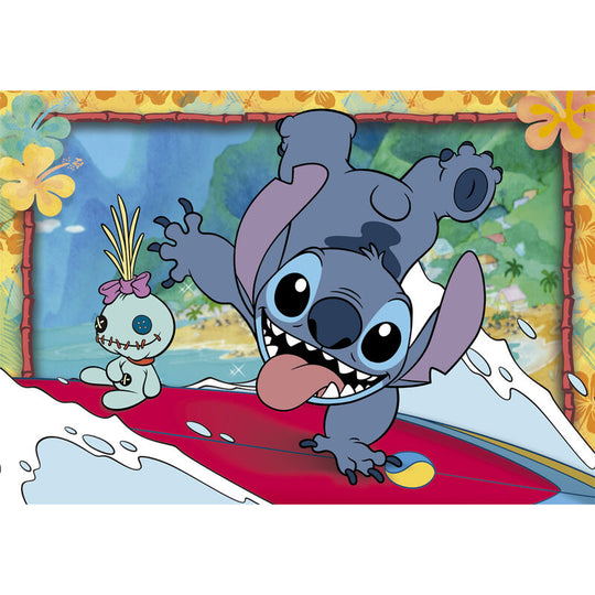 Deux puzzles Disney Stitch assemblés, chaque puzzle de 20 pièces, dimensions 33,5x23,5 cm