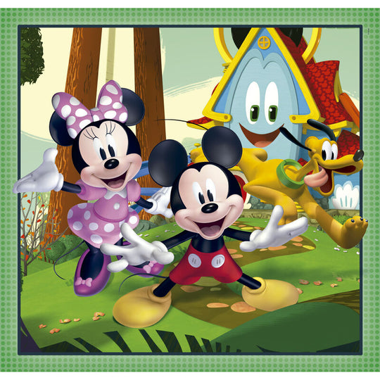 Boîte du puzzle Disney Mickey 3x48 pièces montrant les trois puzzles à assembler pour enfants