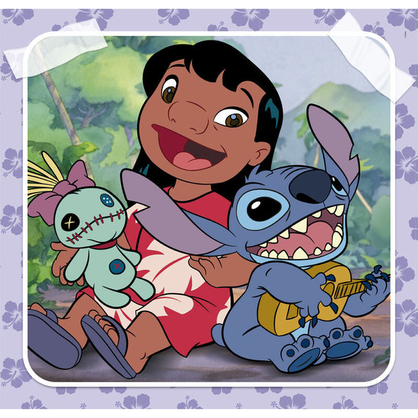 Boîte du puzzle Disney Stitch 3x48 pièces CLEMENTONI avec illustrations du personnage Stitch et images des puzzles finis