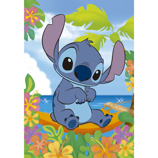 Boîte du puzzle Disney Stitch 104 pièces par Clementoni montrant le visuel complet et les dimensions