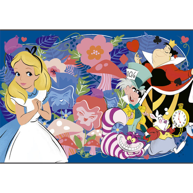 Boîte du puzzle Disney Alice au Pays des Merveilles 104 pièces CLEMENTONI montrant l'image finale et les pièces du puzzle