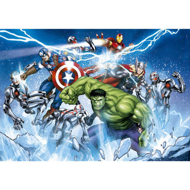 Boîte du puzzle CLEMENTONI Marvel Avengers affichant les 104 pièces et dimensions du puzzle