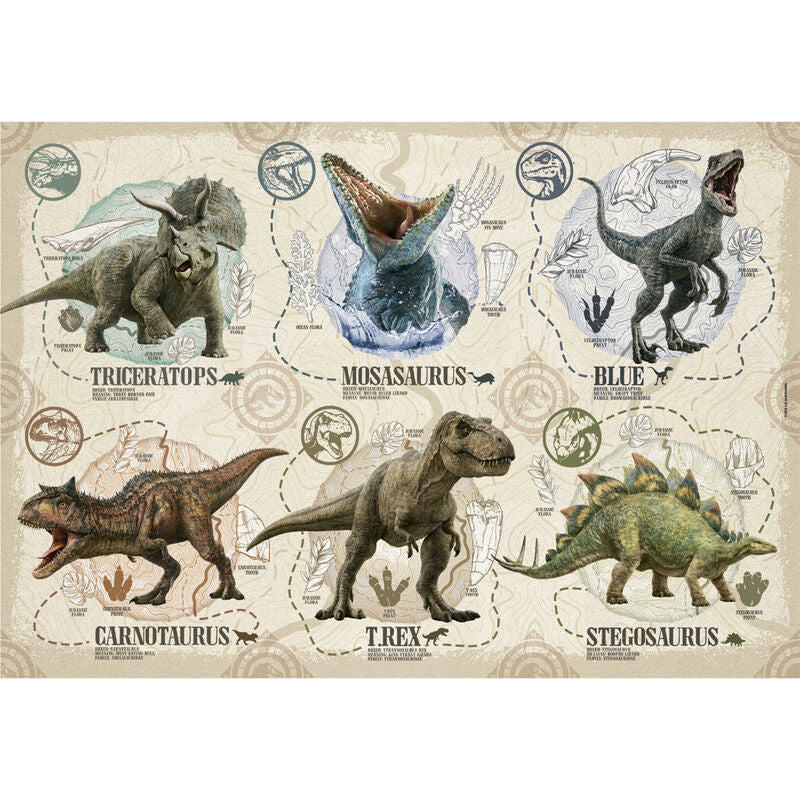 Vue détaillée des pièces du puzzle Jurassic World 104 pièces avec dimensions 37,9x26,9 cm