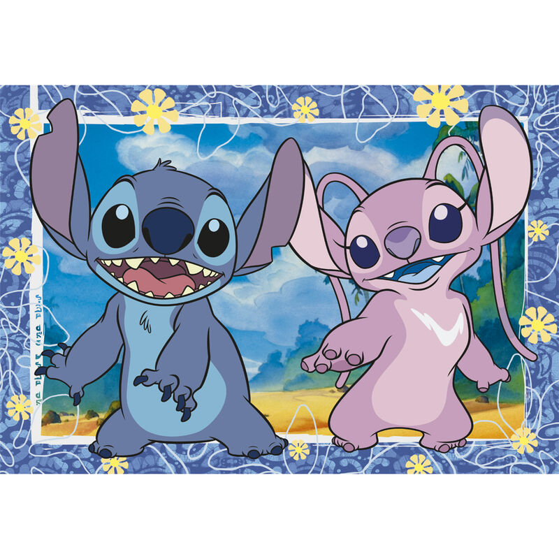 Boîte du puzzle Disney Stitch 104 pièces de CLEMENTONI montrant le design et les dimensions du produit