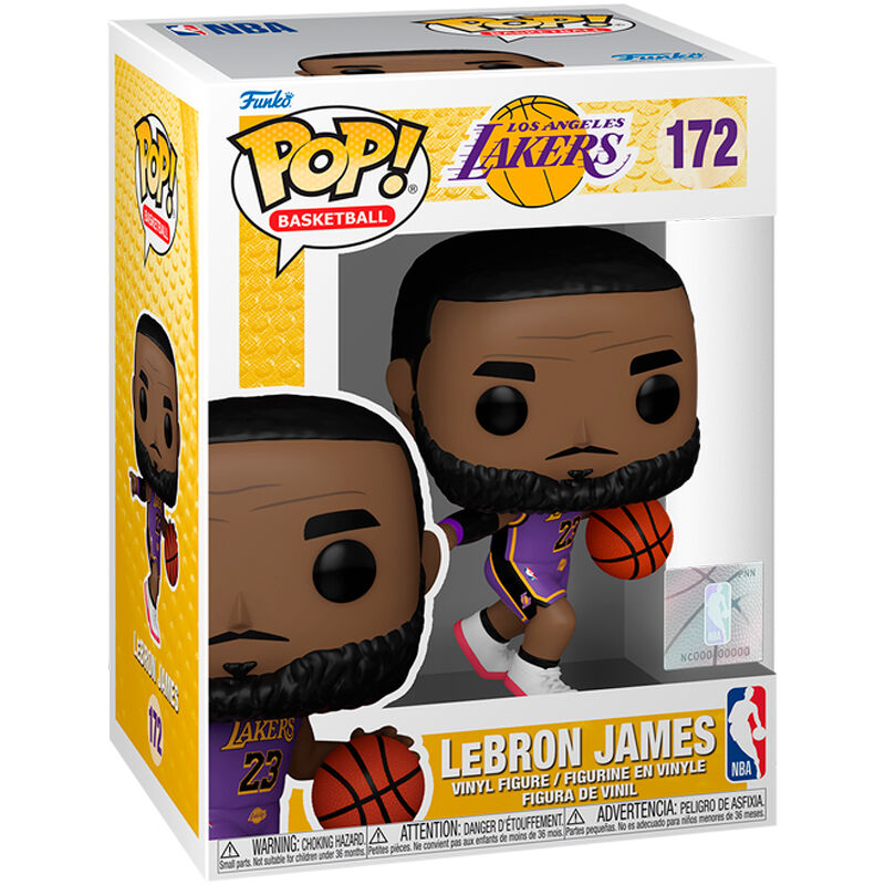 Vue détaillée de la figurine vinyle Funko POP NBA LeBron James avec les couleurs jaunes et violettes des Lakers