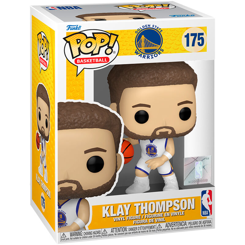 Zoom sur la figurine Funko POP NBA Klay Thompson avec détails précis du visage et du maillot des Warriors.