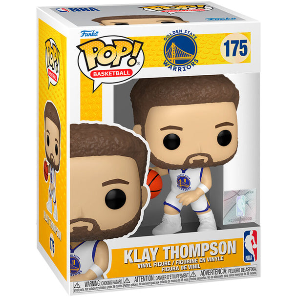 Zoom sur la figurine Funko POP NBA Klay Thompson avec détails précis du visage et du maillot des Warriors.