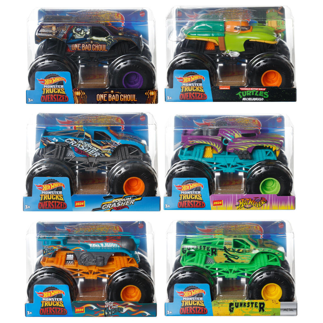 Vue de face d'un Hot Wheels Monster Truck rouge avec grandes roues tout-terrain.