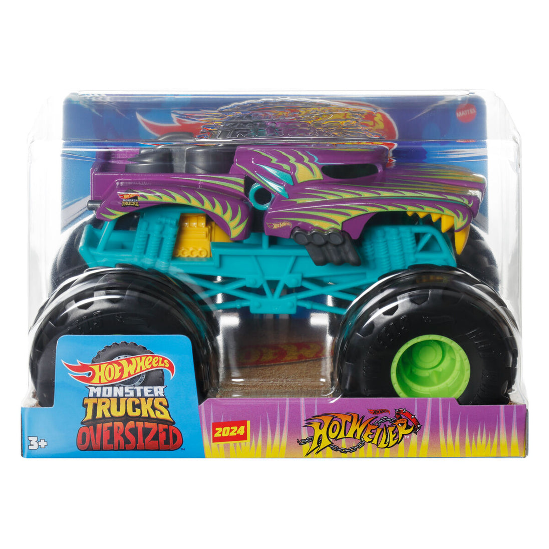 Hot Wheels Monster Truck orange avec signature d'attaque visible sur le côté.