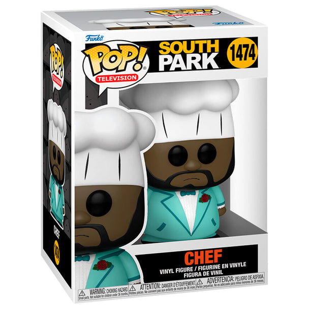 Détail de la figurine Funko POP Chef South Park montrant les couleurs vives et les traits caractéristiques du personnage