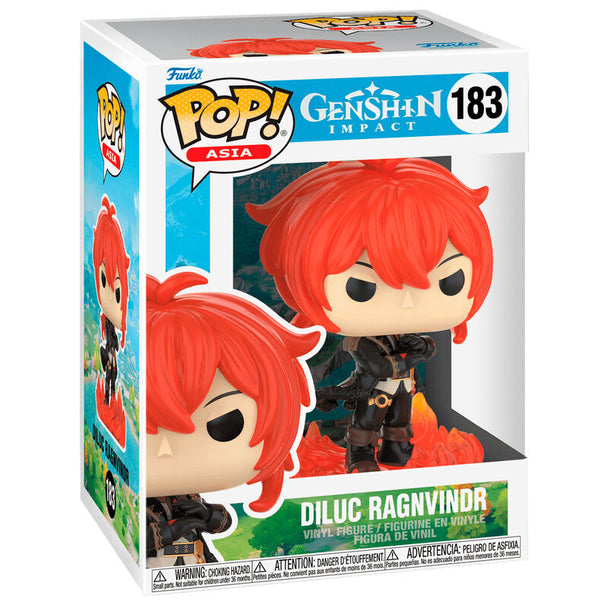 Vue rapprochée de la figurine Funko POP Diluc Ragnvindr avec détails précis et couleurs vives