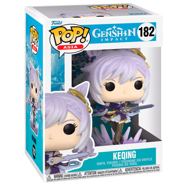Vue rapprochée de la figurine Keqing Funko POP avec détails précis des couleurs et accessoires, dans sa boîte collector.