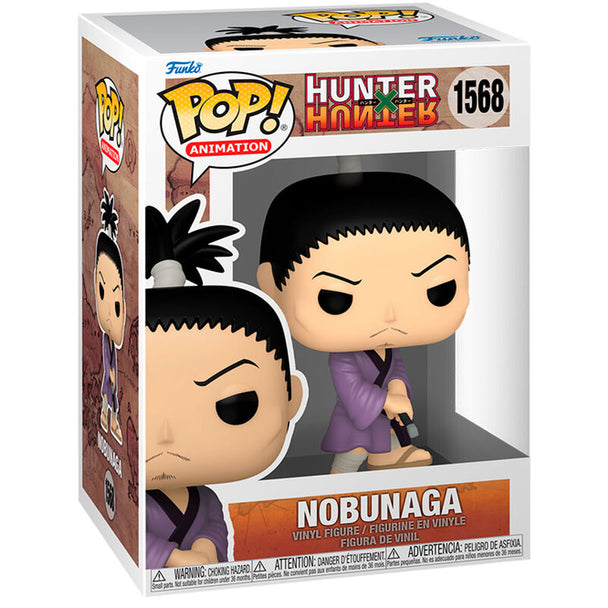 Vue rapprochée de la figurine Funko POP Nobunaga Hunter x Hunter montrant les détails du personnage en vinyle