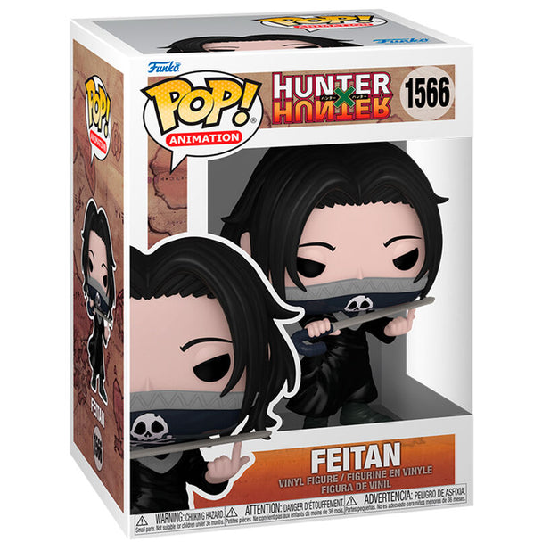 Vue rapprochée de la figurine Funko POP Feitan de Hunter x Hunter montrant les détails du visage et costume