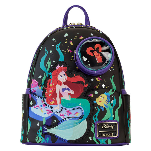 Sac à dos Loungefly Disney La Petite Sirène 35e Anniversaire en cuir vegan avec détails dorés et phosphorescents, dimensions 22,5x26,25x11,25 cm.