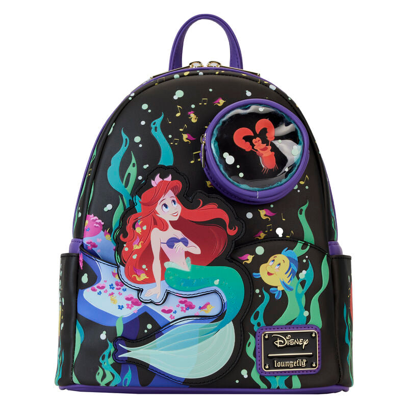 Sac à dos Loungefly Disney La Petite Sirène 35e Anniversaire en cuir vegan avec détails dorés et phosphorescents, dimensions 22,5x26,25x11,25 cm.