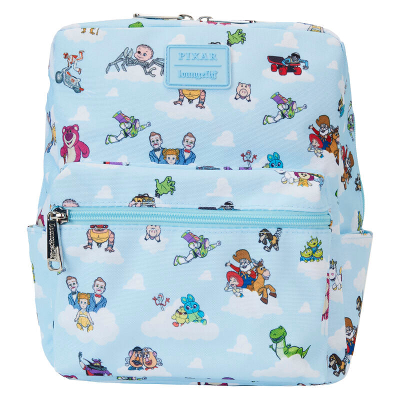 Vue avant du sac à dos Loungefly Disney Toy Story en nylon avec détails argentés et imprimés colorés