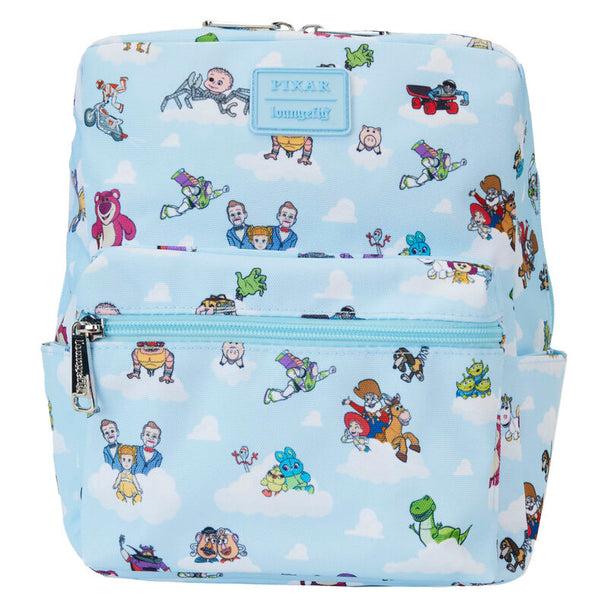 Vue avant du sac à dos Loungefly Disney Toy Story en nylon avec détails argentés et imprimés colorés