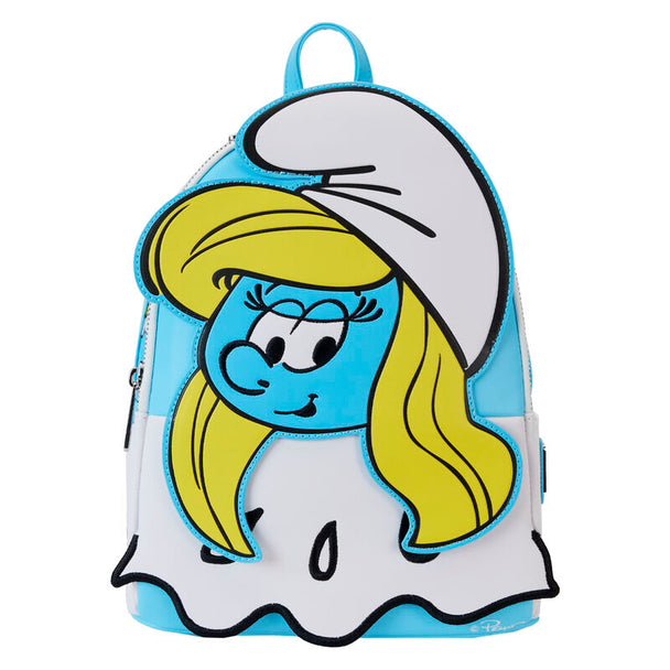 Vue de face du sac à dos Loungefly Smurfette Les Schtroumpfs avec détails embossés et appliqués en simili cuir vegan