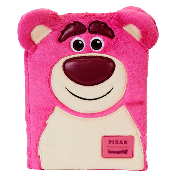 Carnet peluche Loungefly Disney Toy Story Lotso vue de face avec détails brodés et cuir vegan.