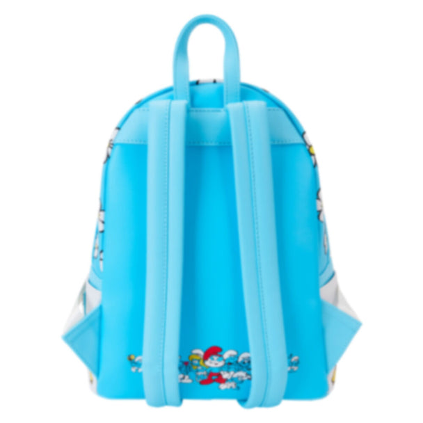 Gros plan sur la fermeture éclair et la quincaillerie argentée brillante du sac à dos Smurfette Loungefly